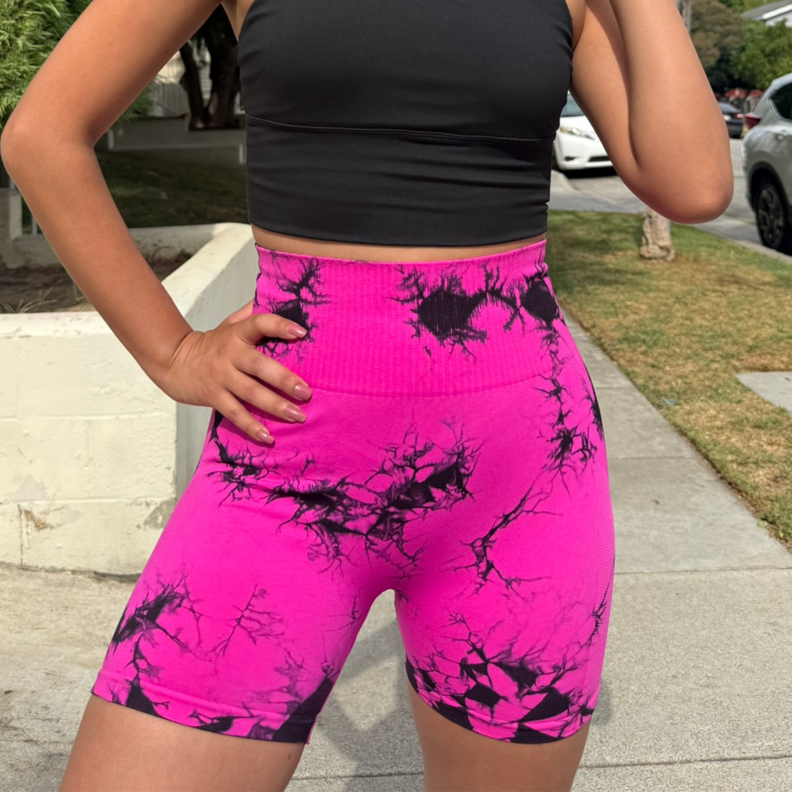 Pink Tie Dye High Waist Booty Lifting Biker Shorts