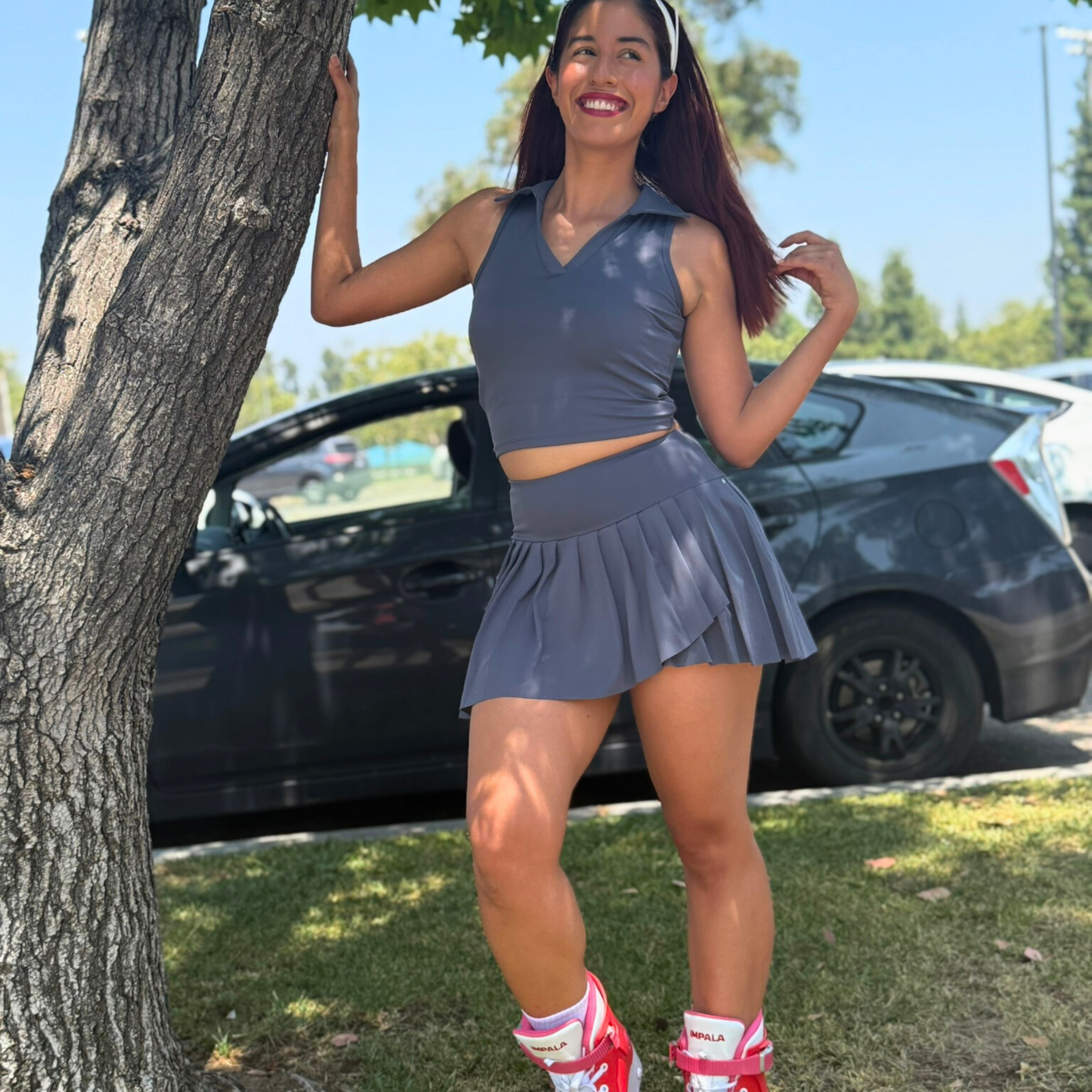 Charcoal Gray Polo Crop Top + Skort Set