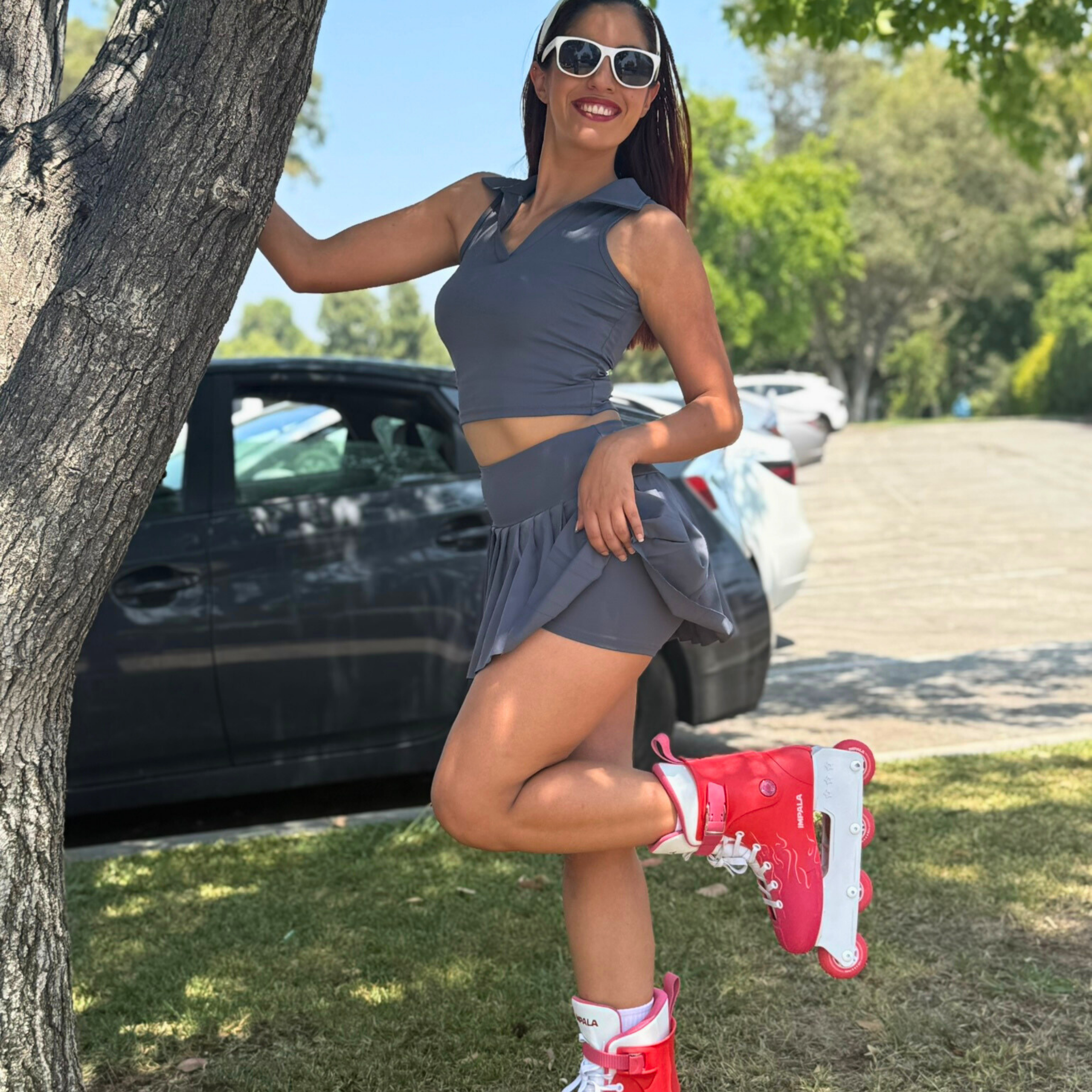 Charcoal Gray Polo Crop Top + Skort Set