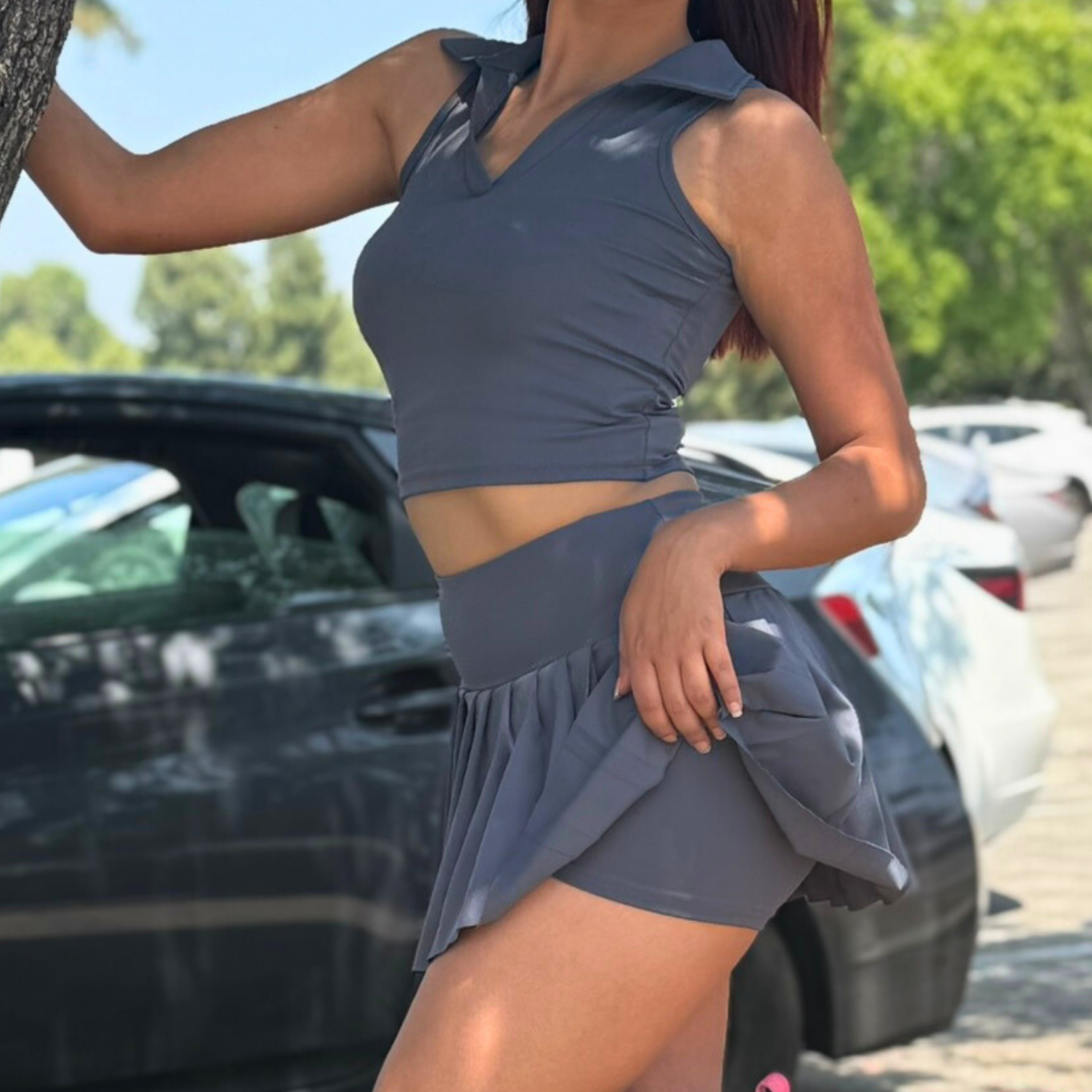 Charcoal Gray Polo Crop Top + Skort Set