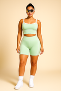 Pastel Green Power Shorts Set (Sports Bra + Shorts)