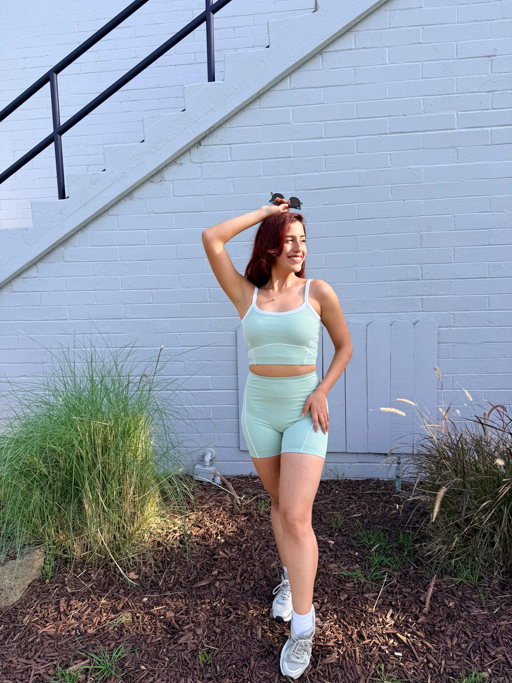 Pastel Green Power Shorts Set (Sports Bra + Shorts)