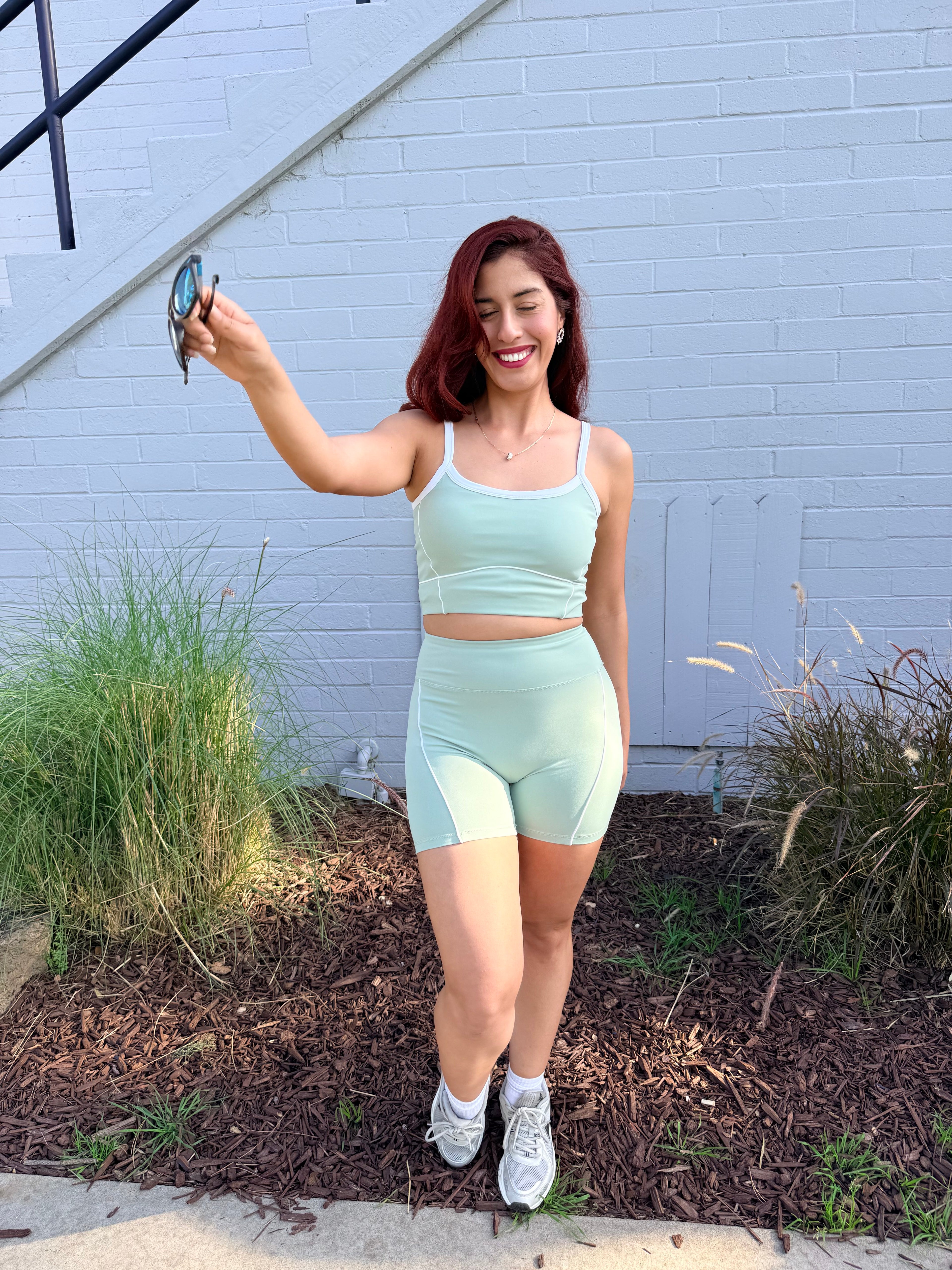 Pastel Green Power Shorts Set (Sports Bra + Shorts)