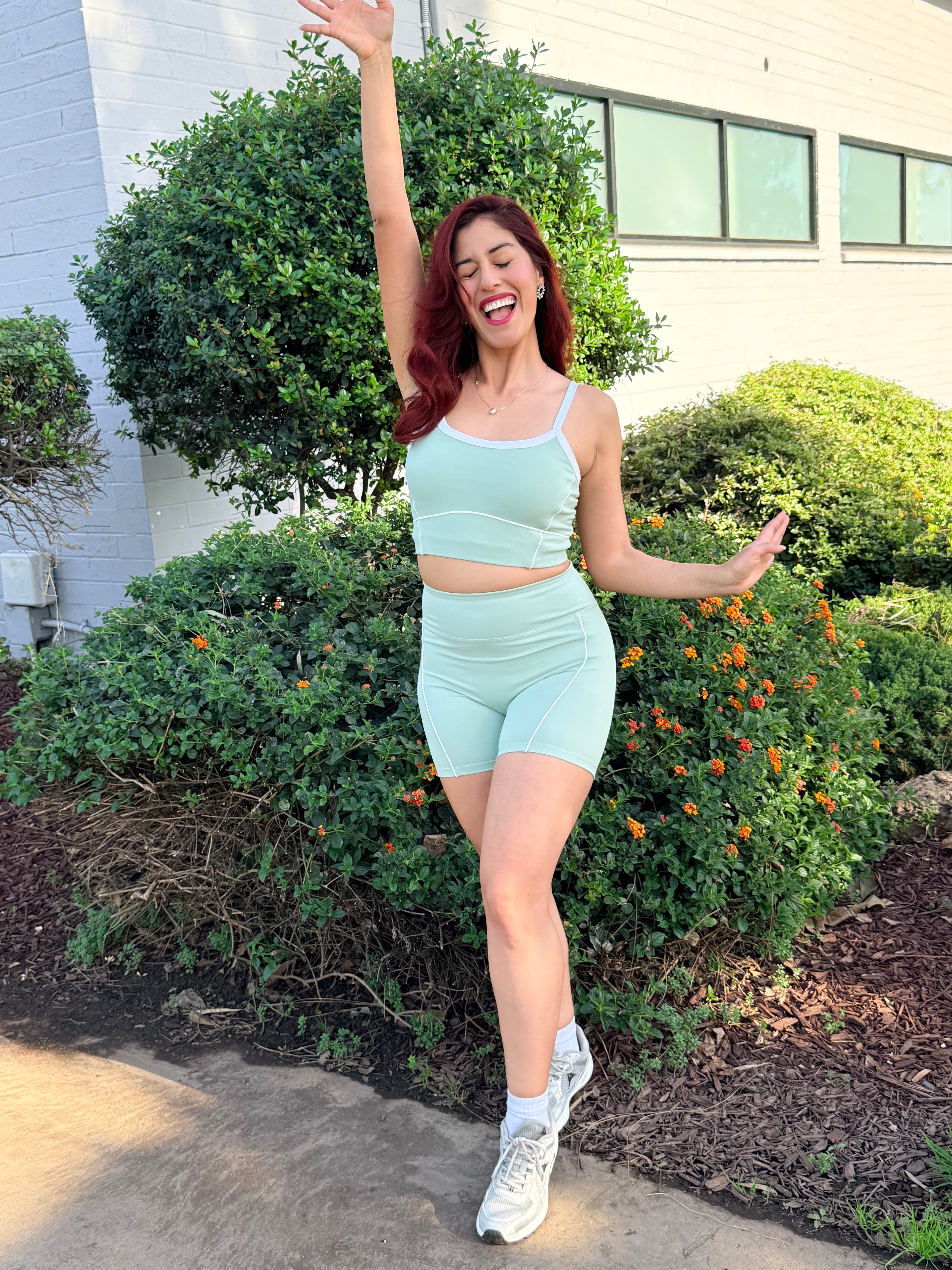 Pastel Green Power Shorts Set (Sports Bra + Shorts)