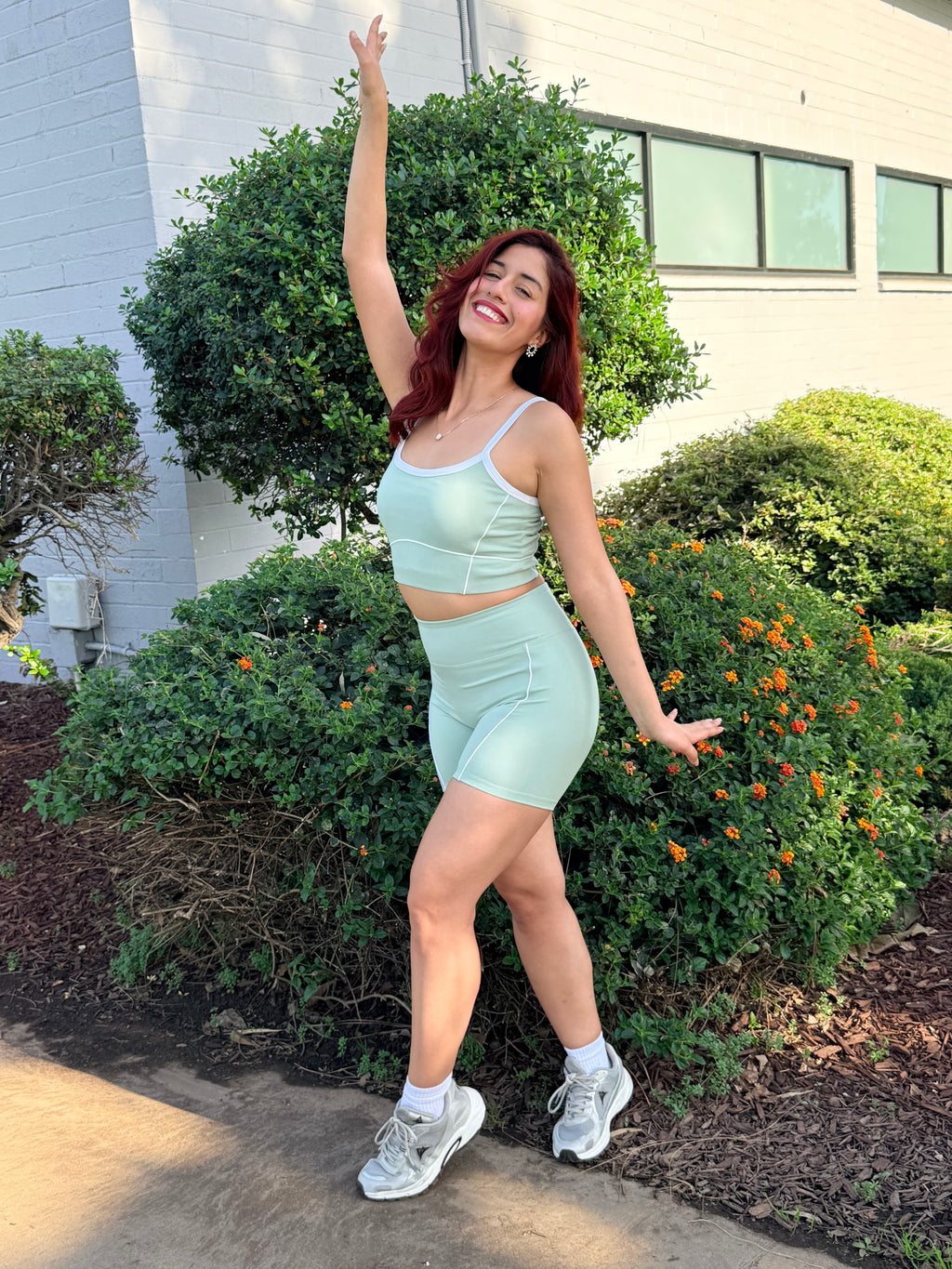 Pastel Green Power Shorts Set (Sports Bra + Shorts)