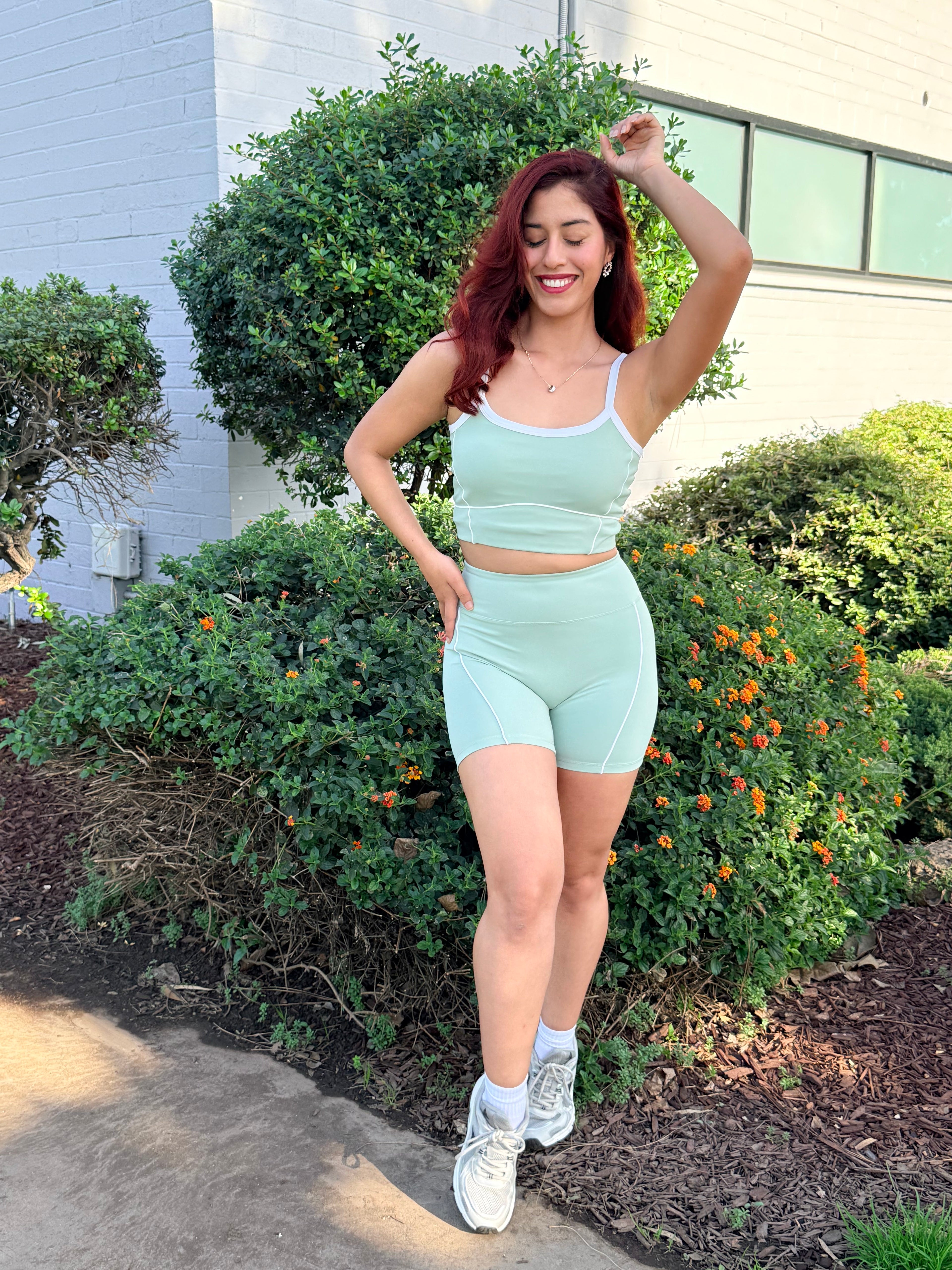 Pastel Green Power Shorts Set (Sports Bra + Shorts)