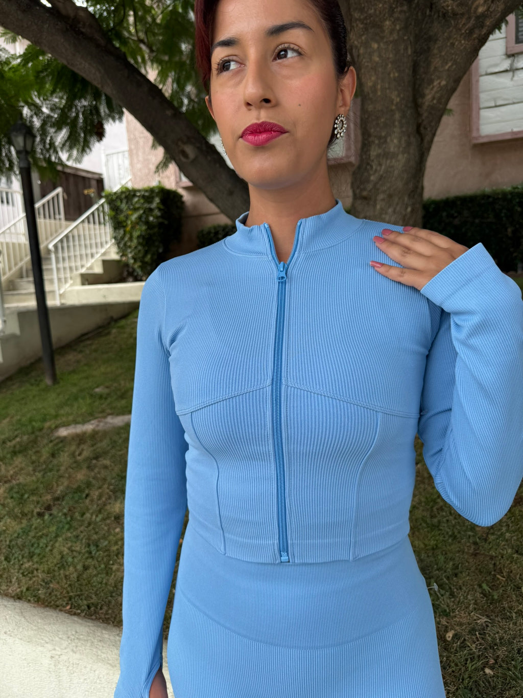 Baby Blue Ribbed Seamless Jacket & Leggings Set