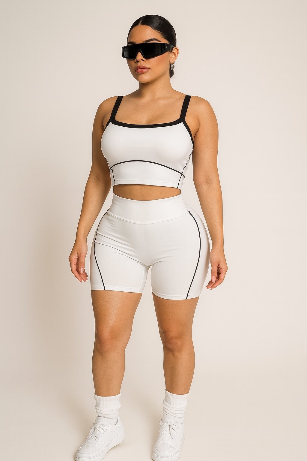White Power Shorts Set (Sports Bra + Shorts)